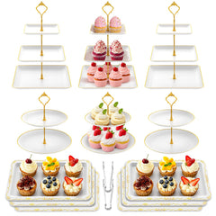 Package contents of the 14Pcs Dessert Table Display Set including stands and plates