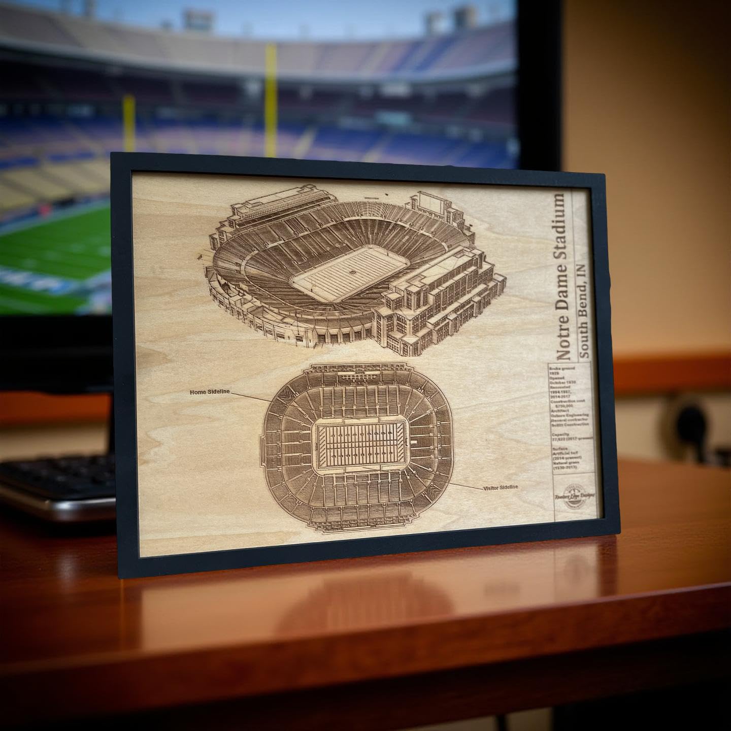 Laser engraved wood wall hanging stadium blueprint