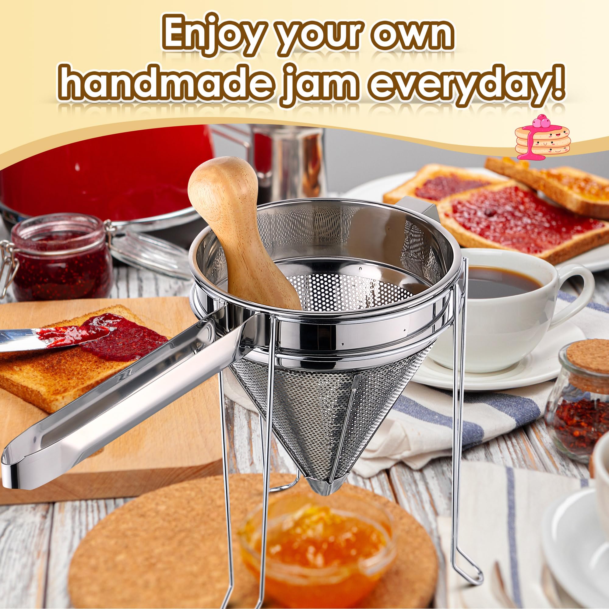 Set includes stainless steel strainer chrome stand and wooden pestle