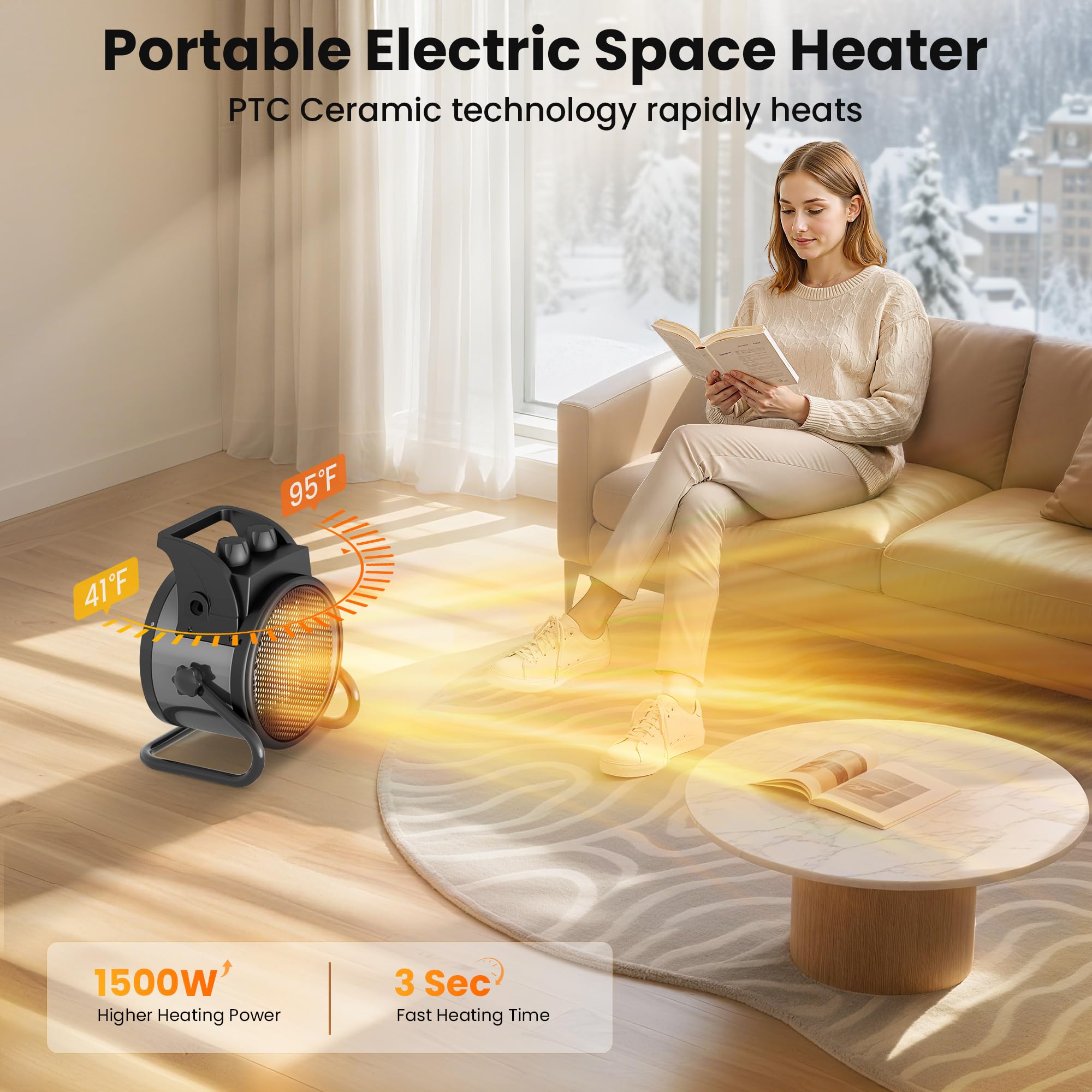 Portable space heater 90-degree angle with handle
