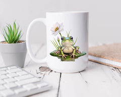 Frog illustration on lily pad with flower