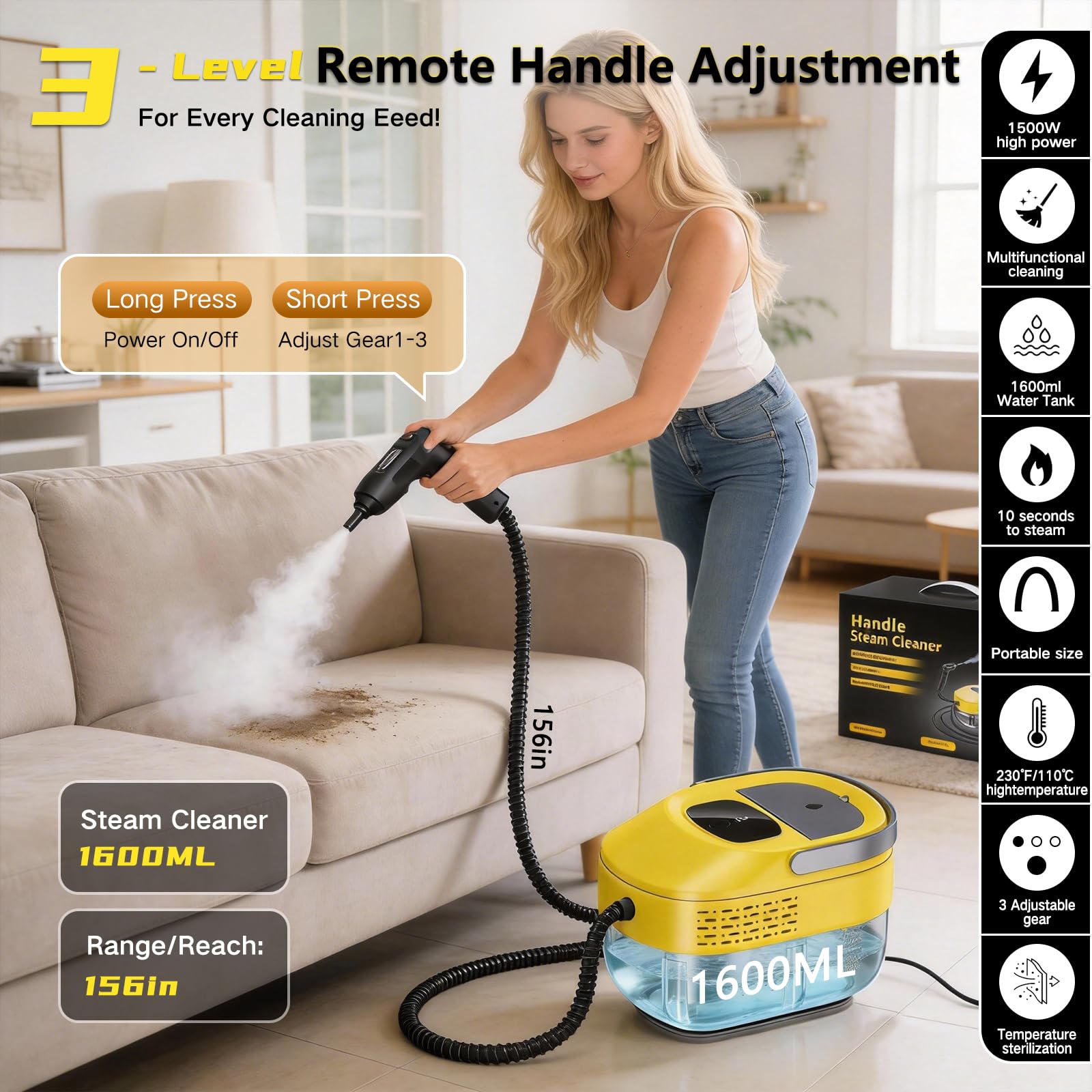1600ml water tank steam cleaner for extended clean time