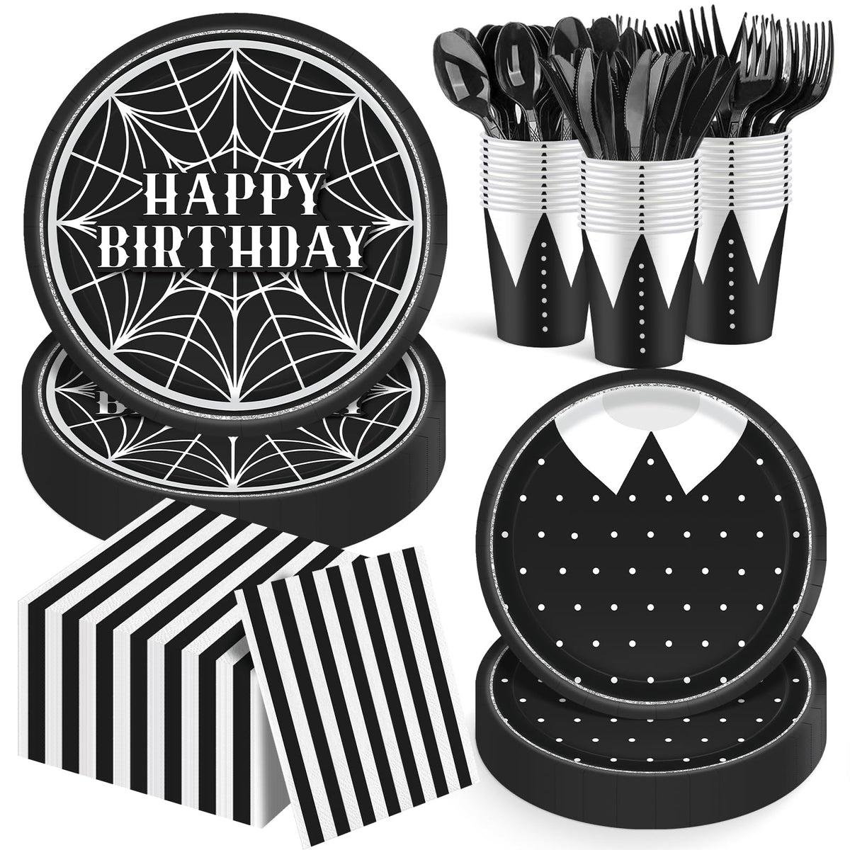 168Pcs Birthday Decorations dinnerware set with plates and utensils for 24 guests