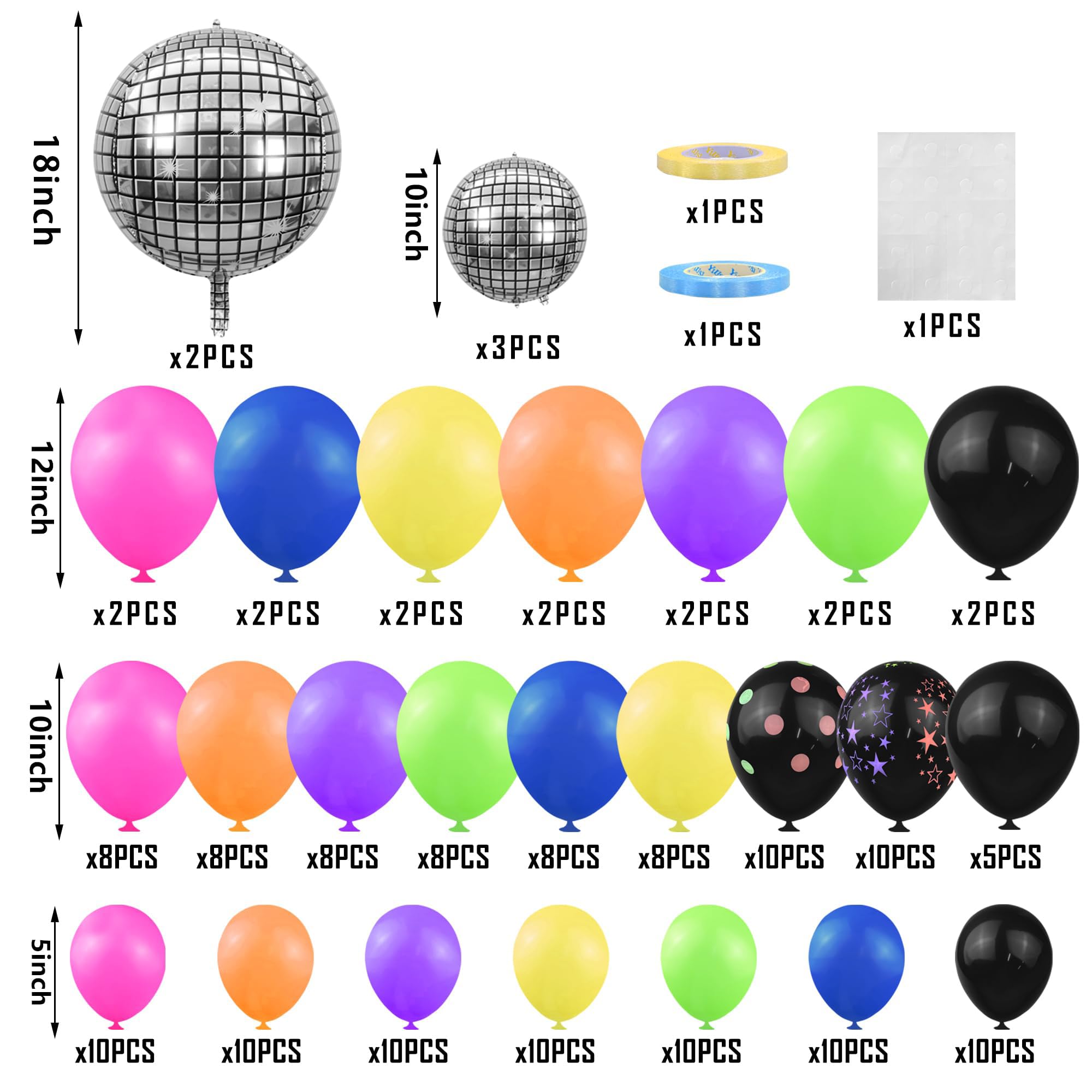 168pcs neon balloons assortment for balloon arch