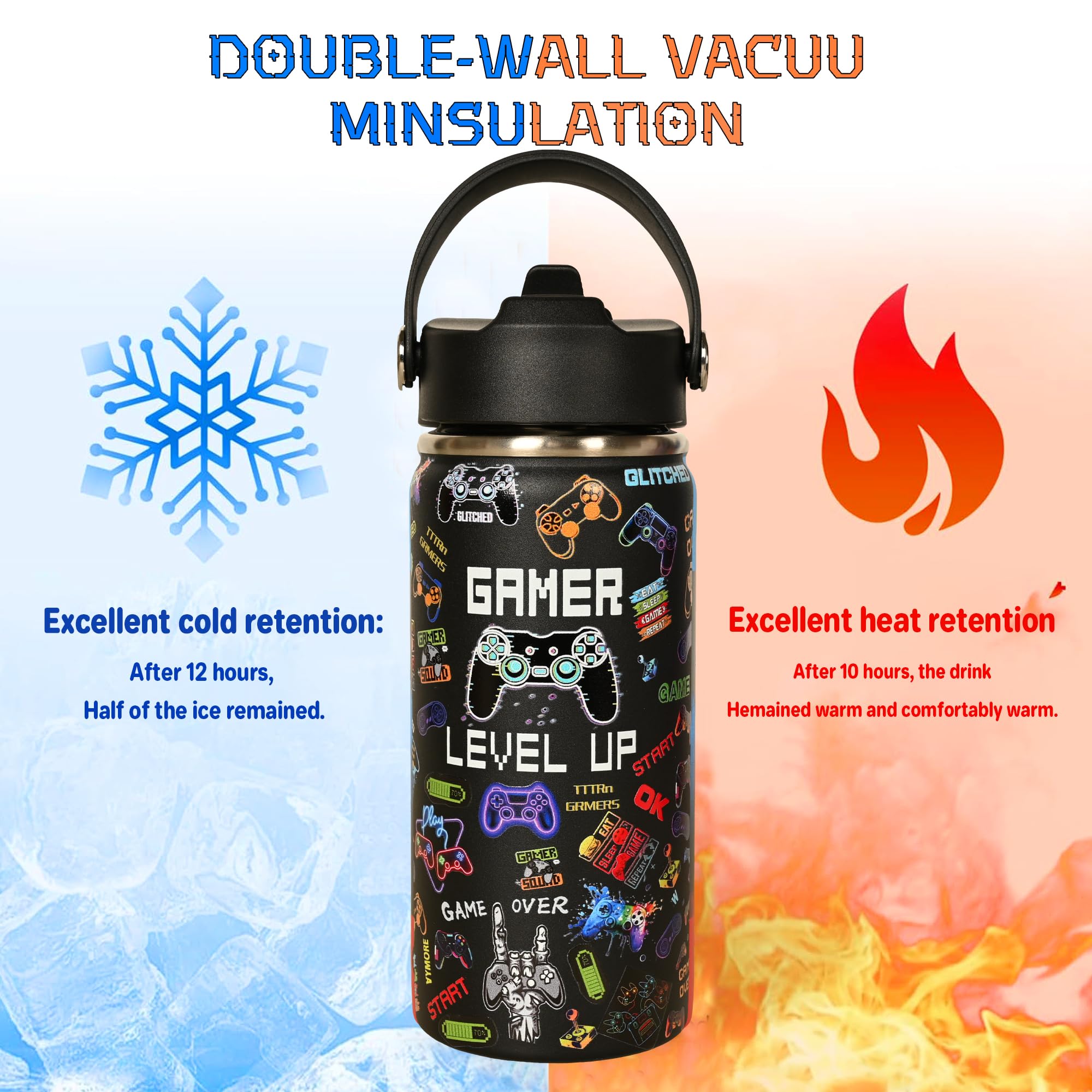 Game-themed water bottle with bright fade-resistant finish