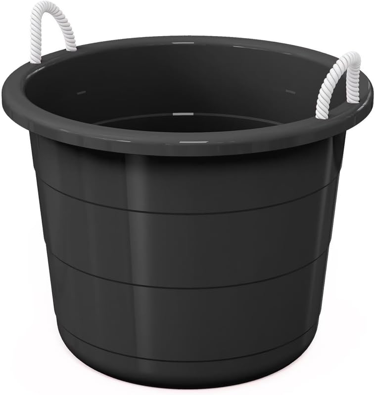 17-gallon heavy-duty plastic storage tub with rope comfort-grip handles in black
