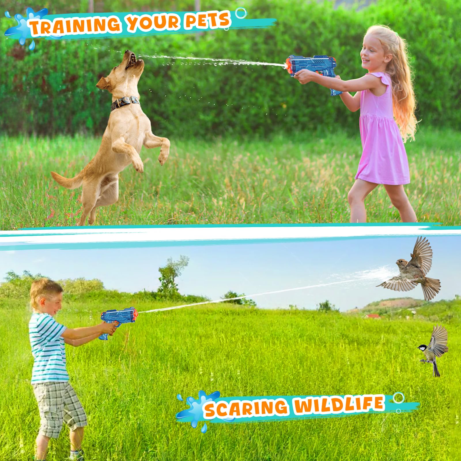 Two-pack water guns in bright orange and blue for outdoor play
