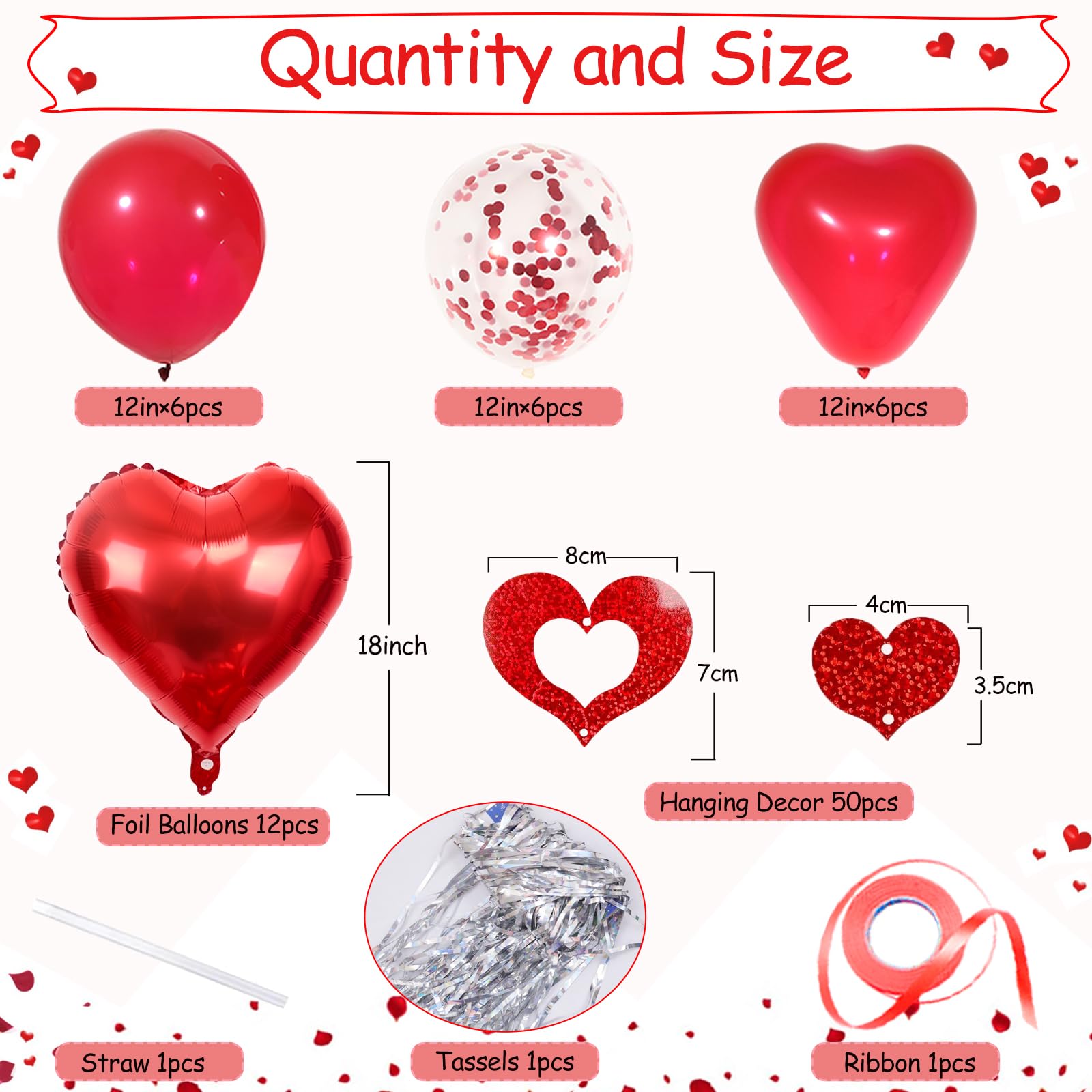 six 12 inch heart latex balloons