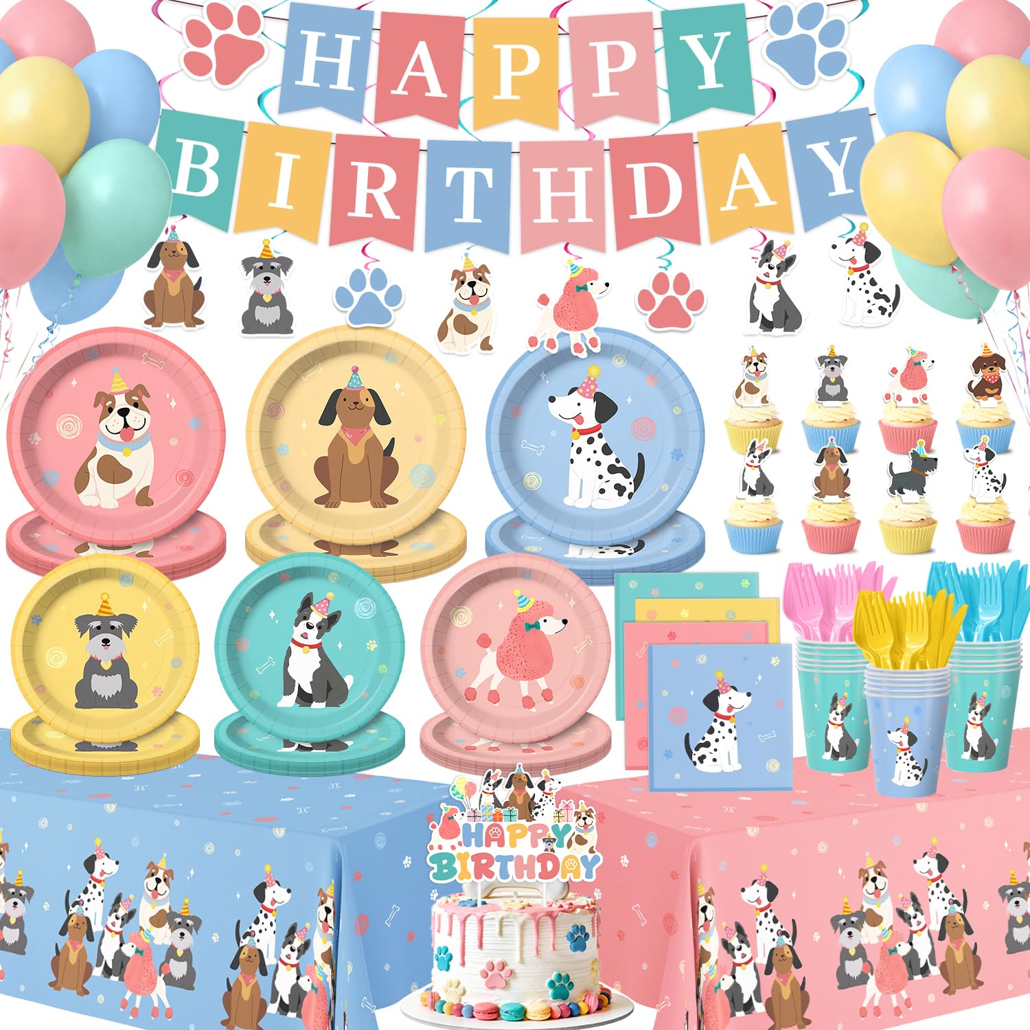 Banner and dessert plates from 198 Pcs Pet Dog Birthday Supplies