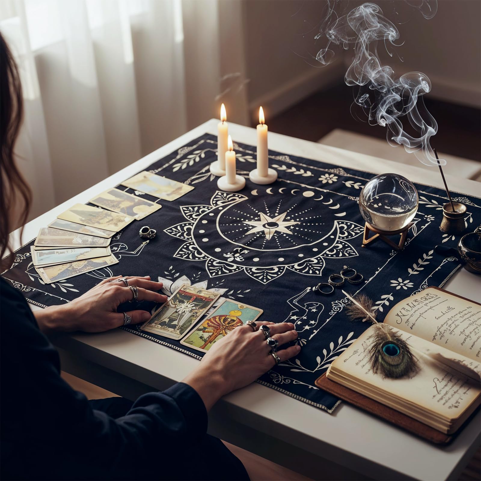 Beige black tarot cloth surface for crystal rituals