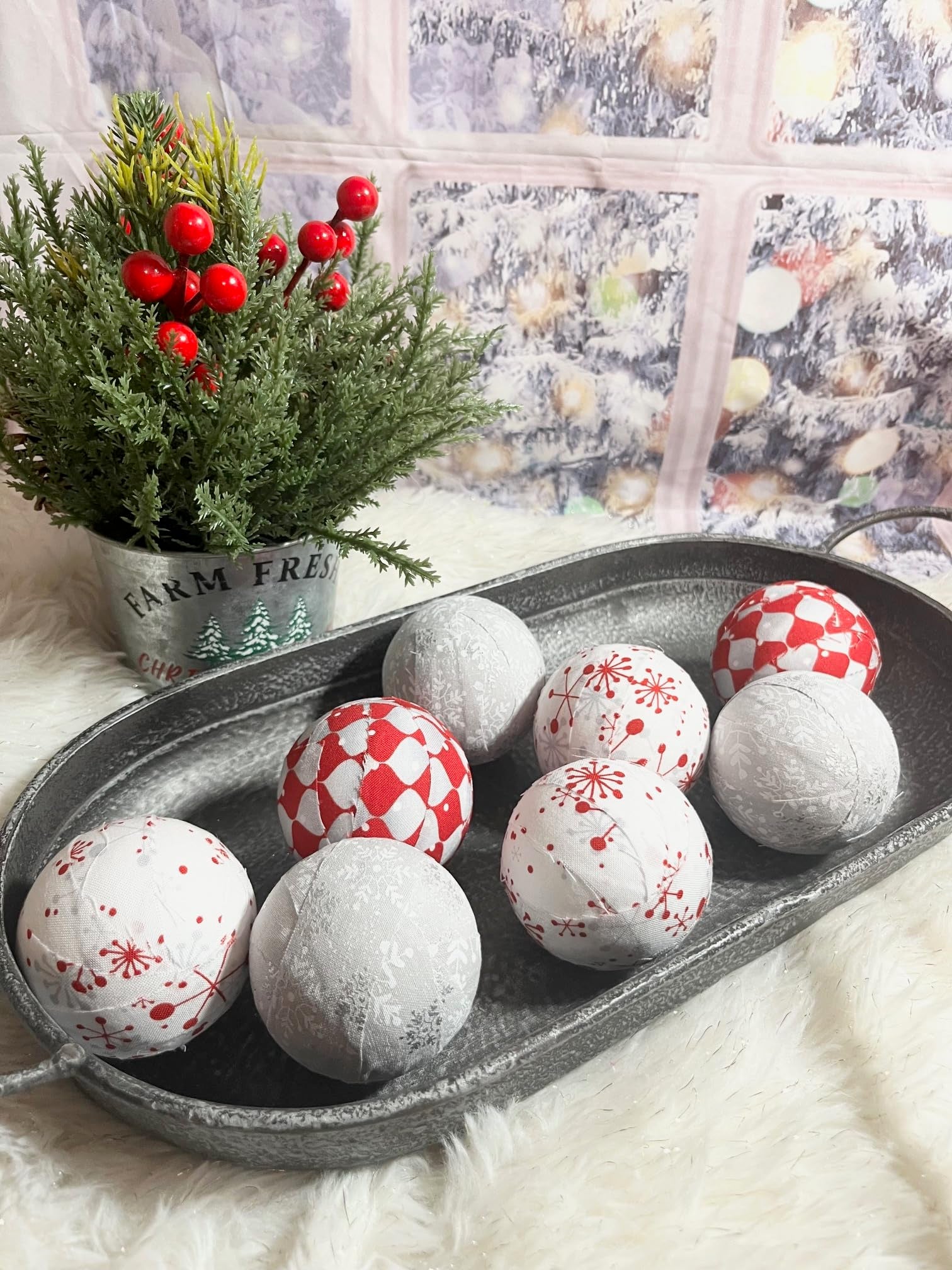 dough bowl display with fabric christmas balls 2.5 inch