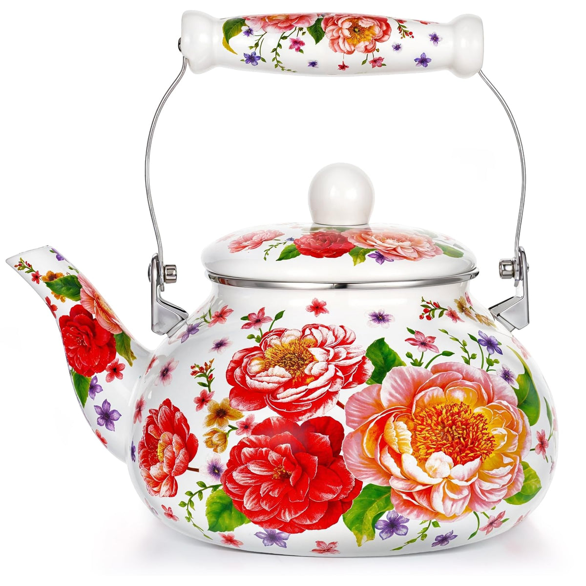 2.6 qt floral enamel tea kettle on kitchen counter with ceramic handle