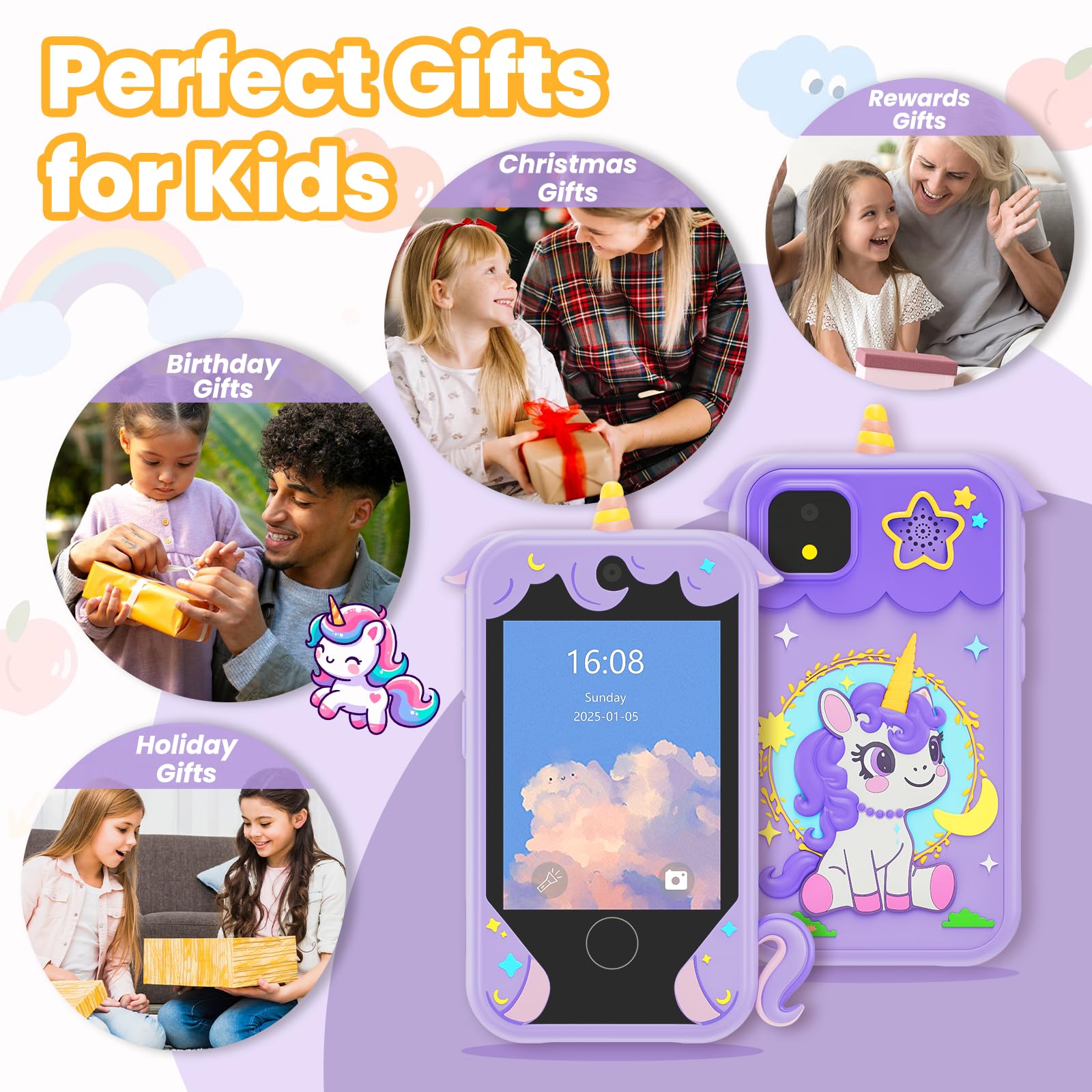 2-8 inch touchscreen kids phone on purple device