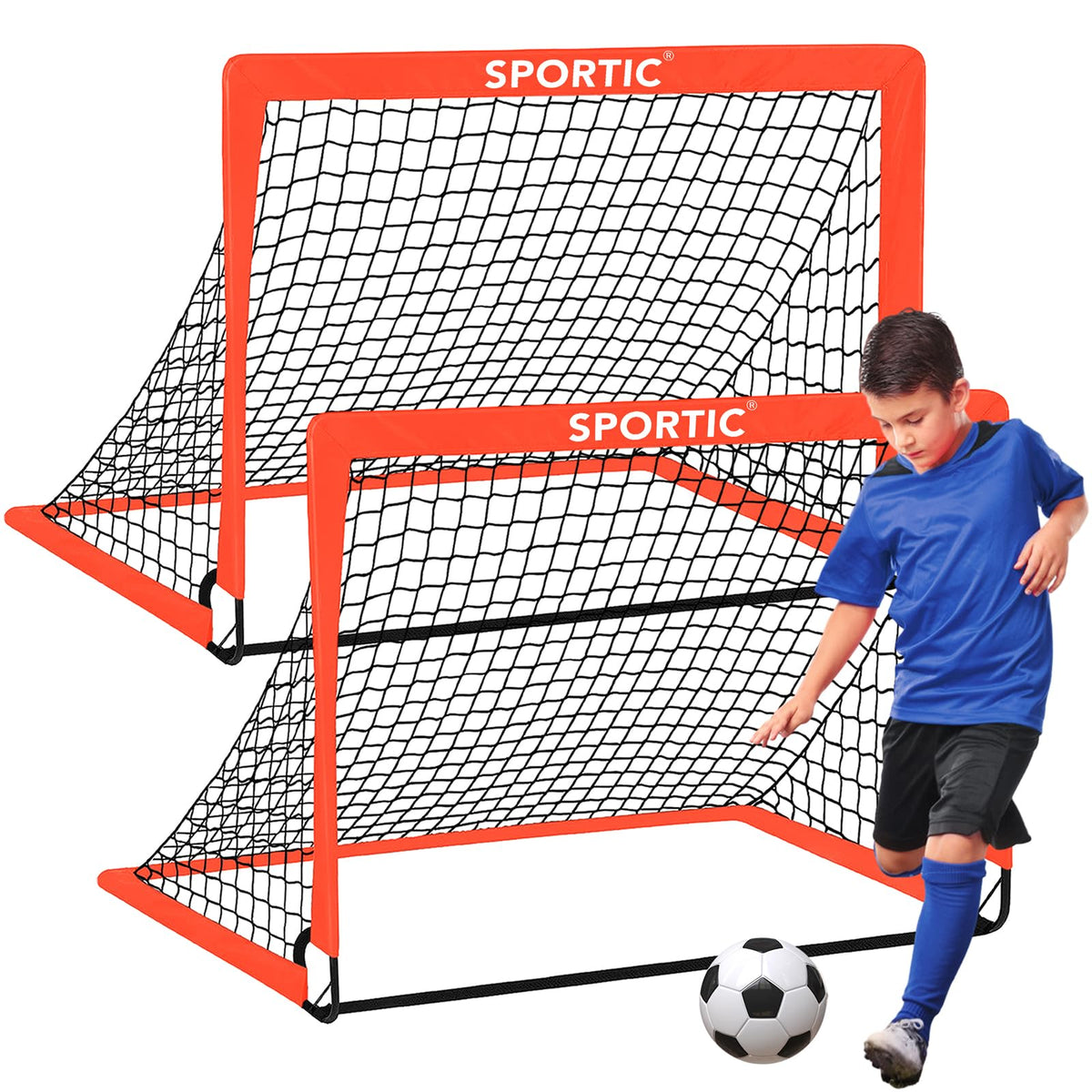 Two 4x3 ft orange portable soccer goals with carrying bag