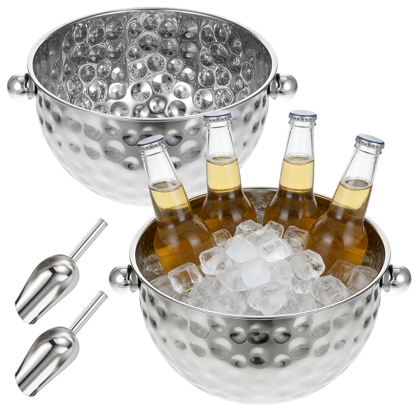 2-pack hammered ice buckets with 4L and 6L capacities and scoops