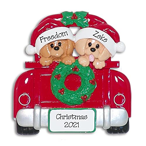 2 puppy dogs in red pickup truck ornament hand painted resin