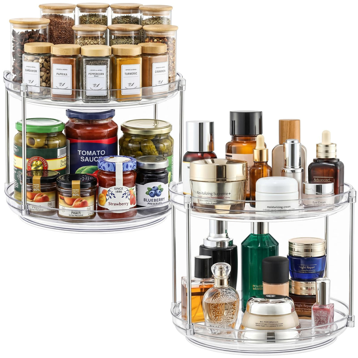 Two-tier clear acrylic lazy susan set on kitchen counter