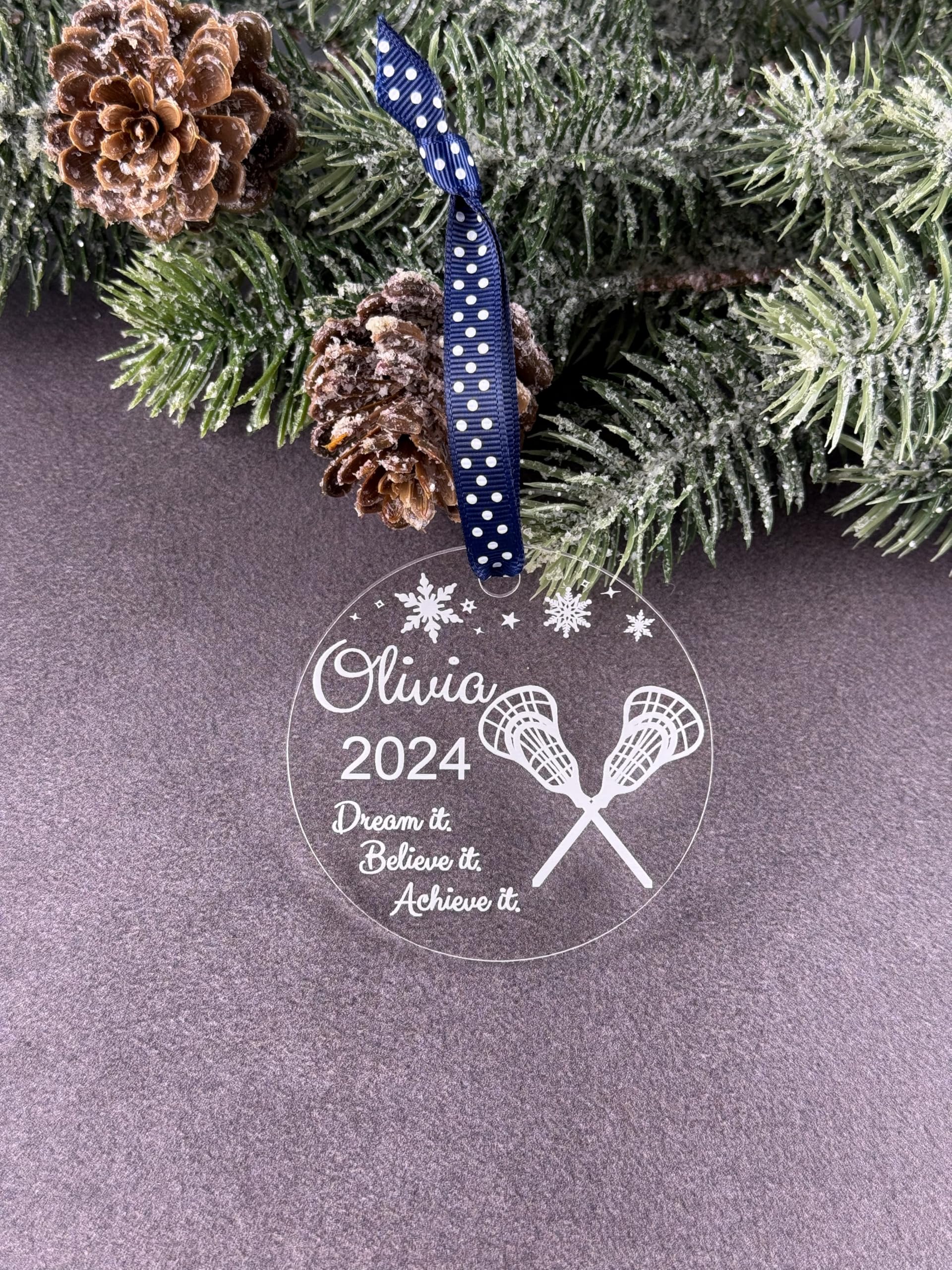 Laser cut engraved lacrosse ornament details