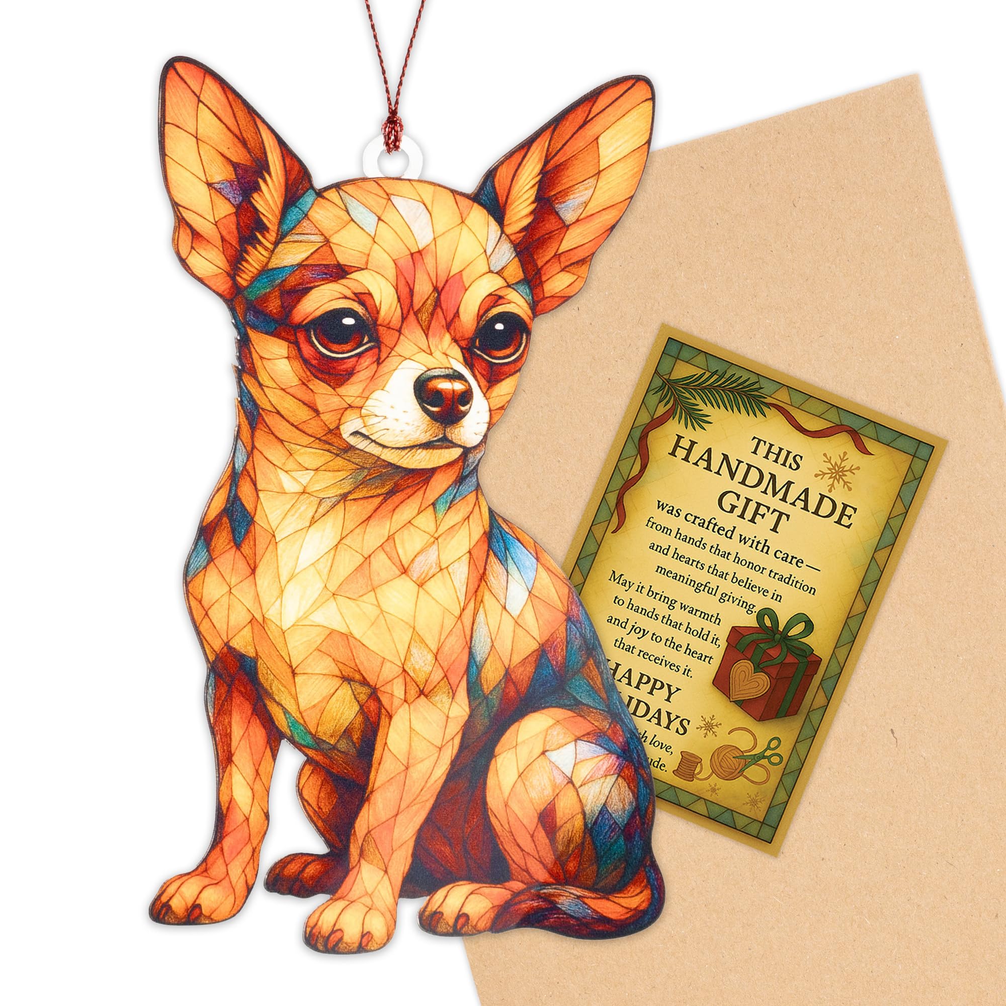 Vibrant Chihuahua ornament reflects light for festive display