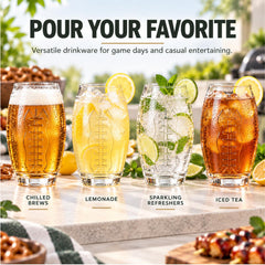 Close up of football design on clear glass beer mug