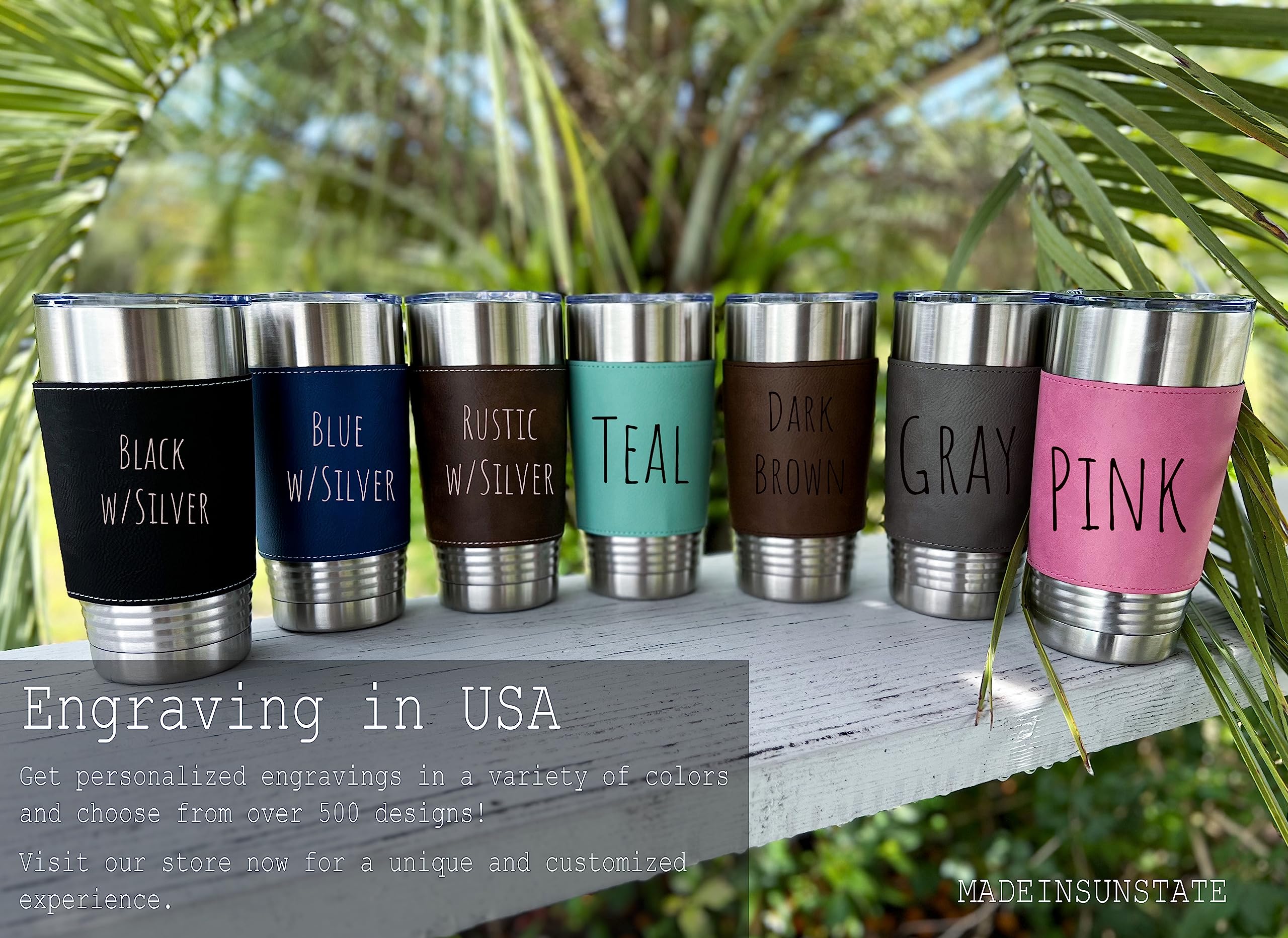 Durable 20oz leather tumbler engraved motorcycle design image