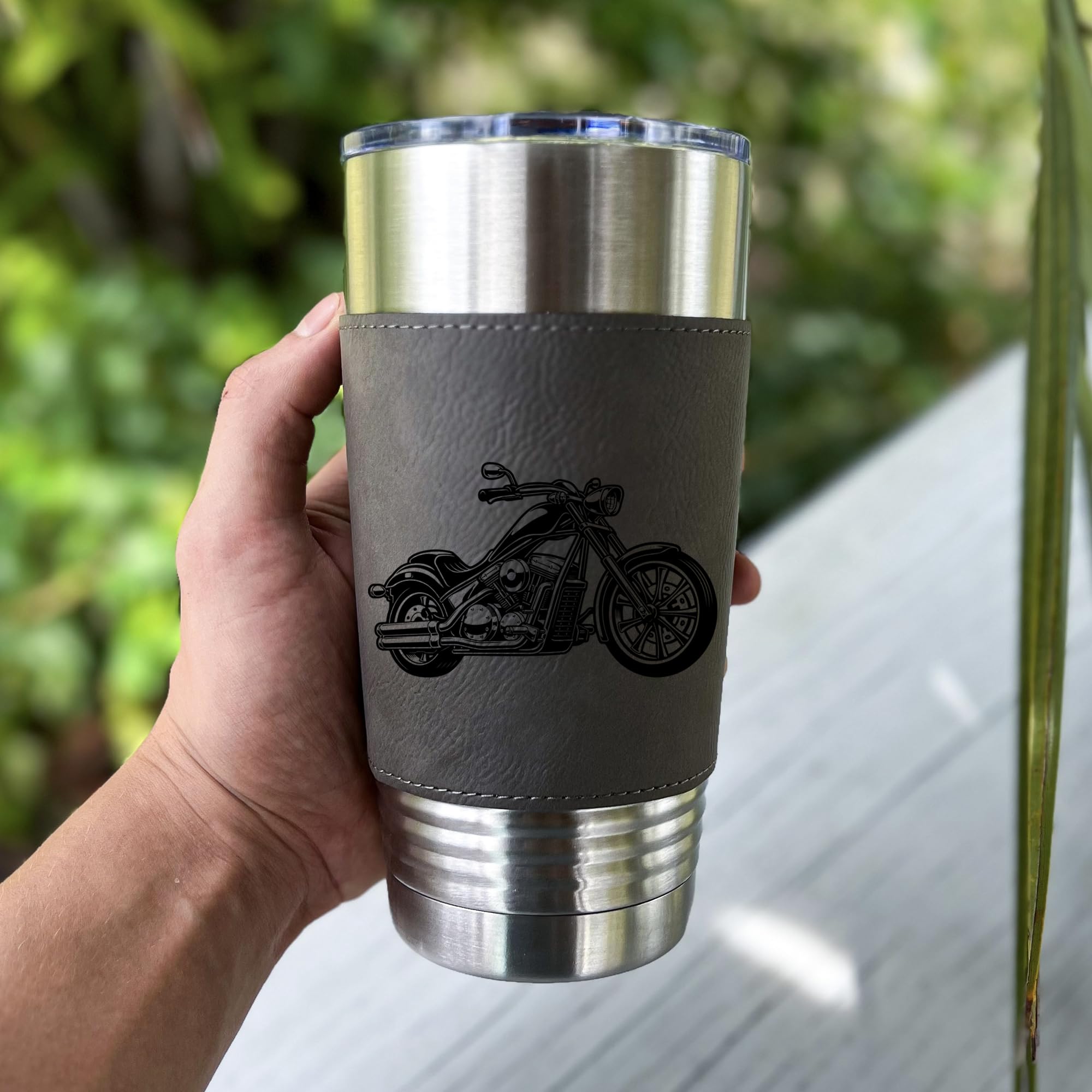 20oz tumbler with engraved motorcycle motif leather cover image