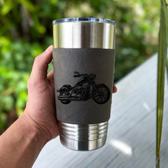 20oz tumbler with engraved motorcycle motif leather cover image