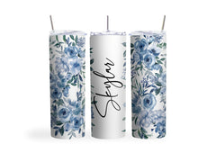 20oz Skinny Tumbler with floral blue roses design