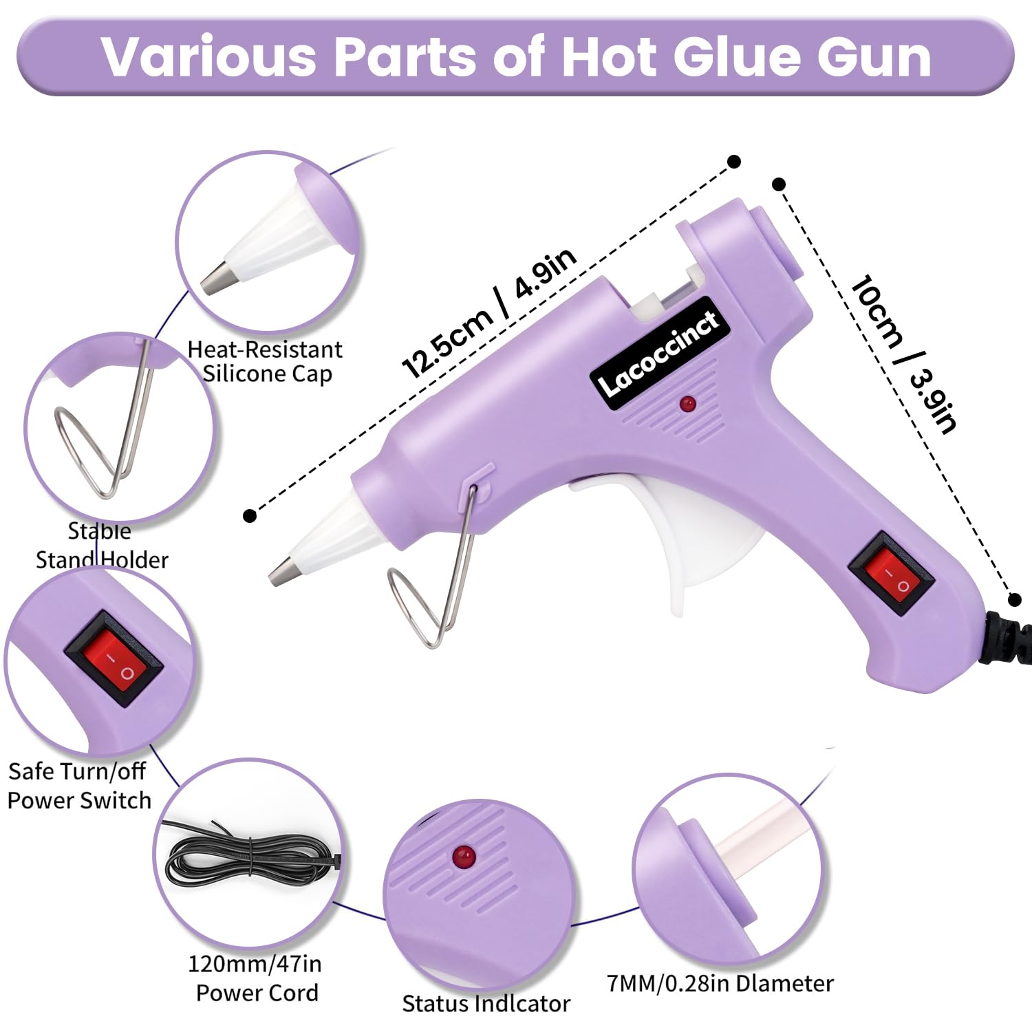 light-purple lacoccinct hot glue gun with anti-drip nozzle