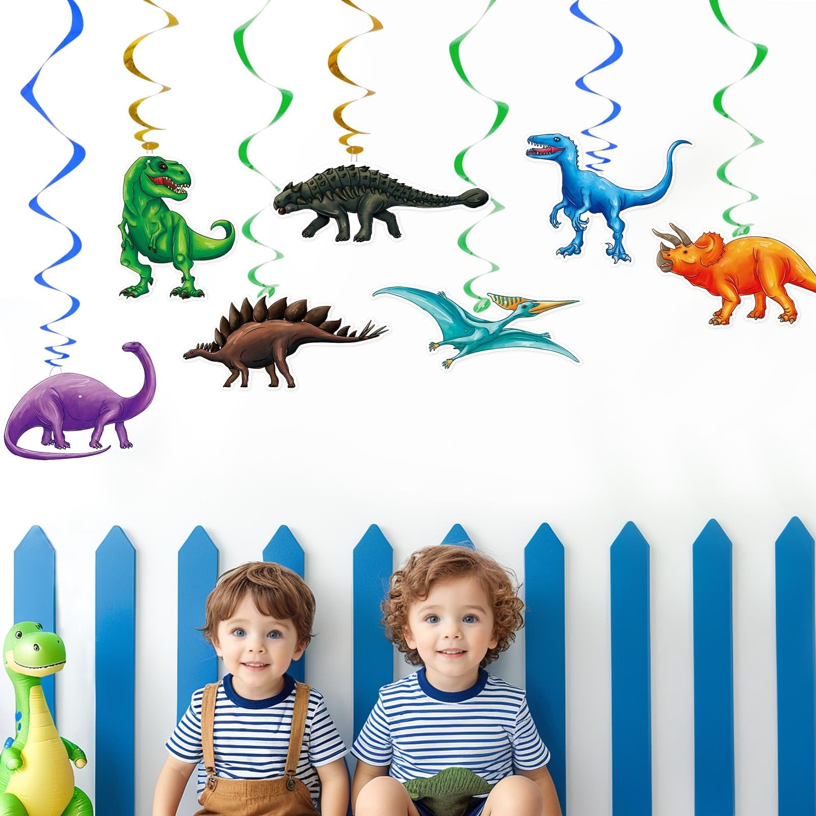 Kids birthday dinosaur swirl decorations ready to hang