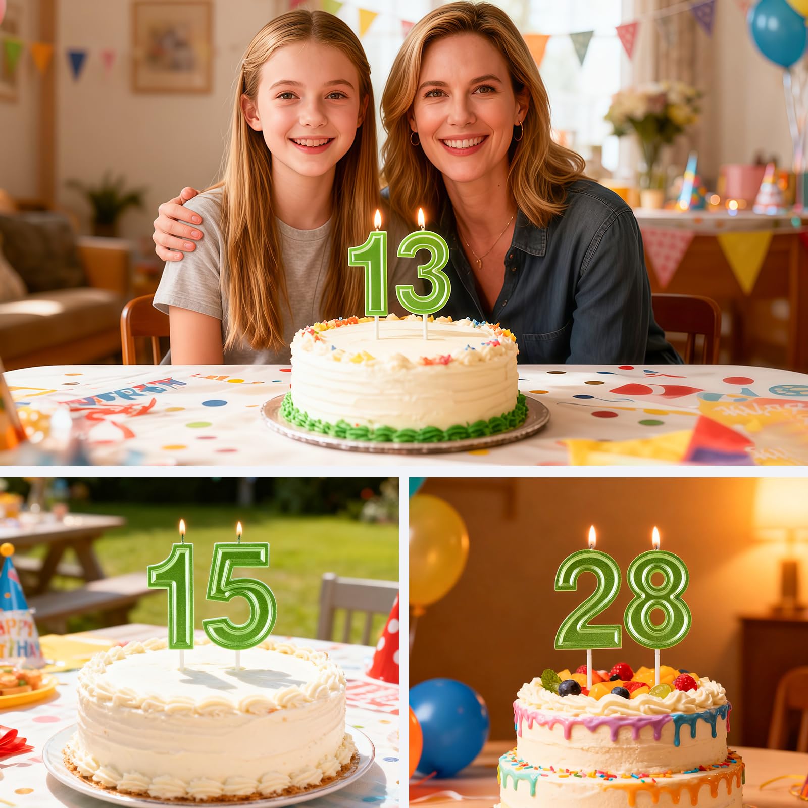 Green birthday candle set for multiple occasions
