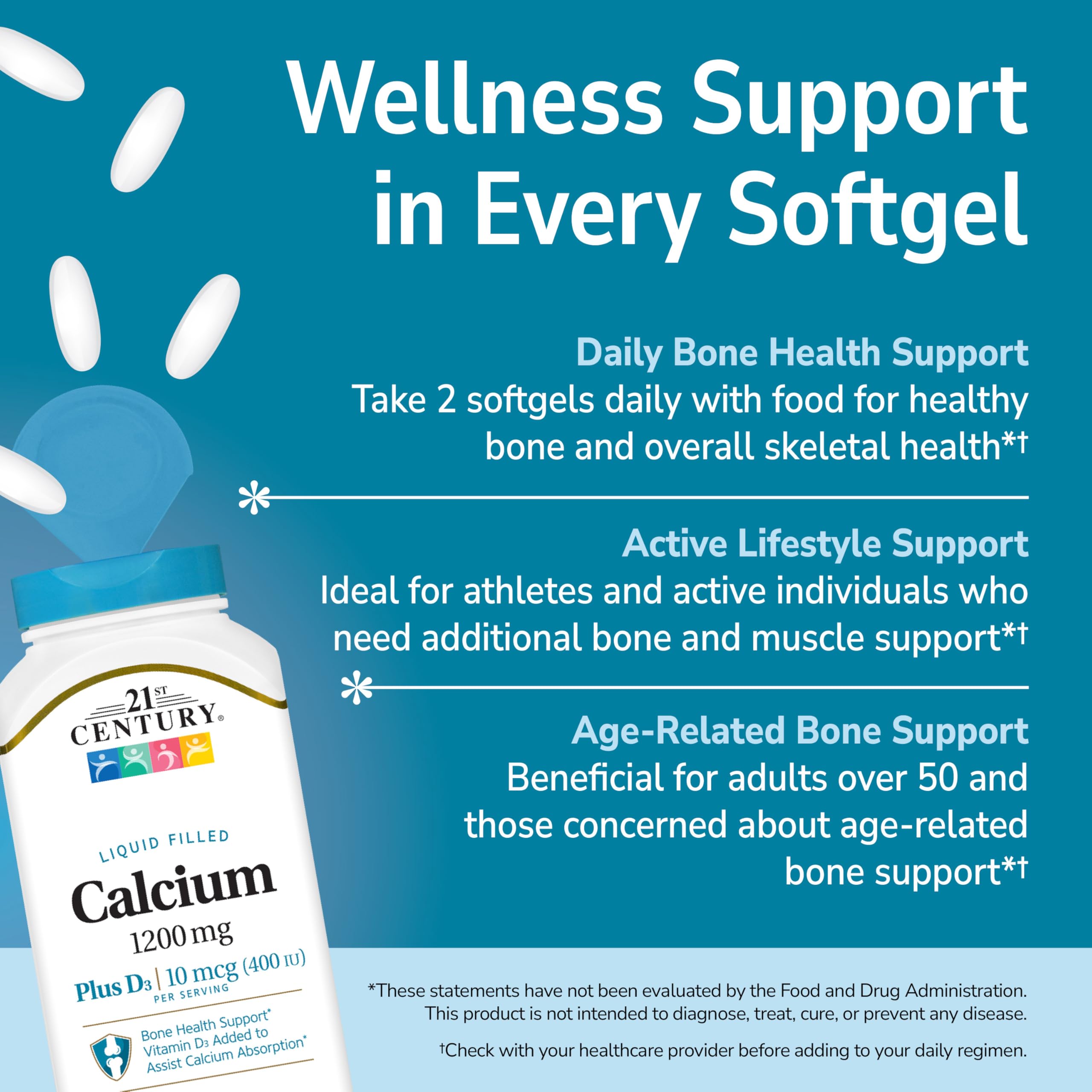 Label close-up 21st-century calcium 1200mg d3 liquid-filled softgels