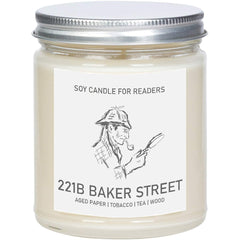 221B Baker Street 8 oz soy candle in clear glass jar