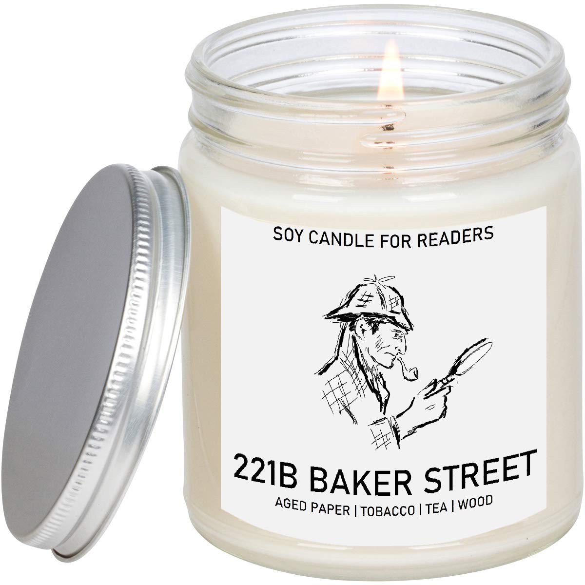 Sherlock Holmes inspired literary candle with aged paper rain water green tea tobacco and redwood scent