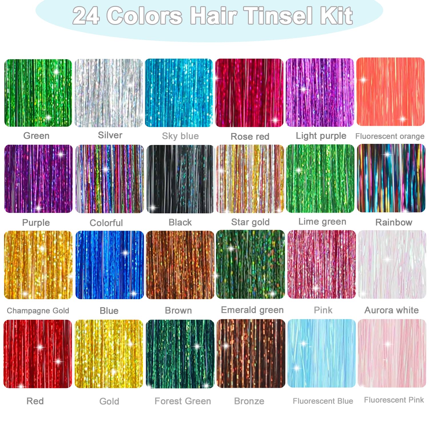8800 strands of hair tinsel in various colors