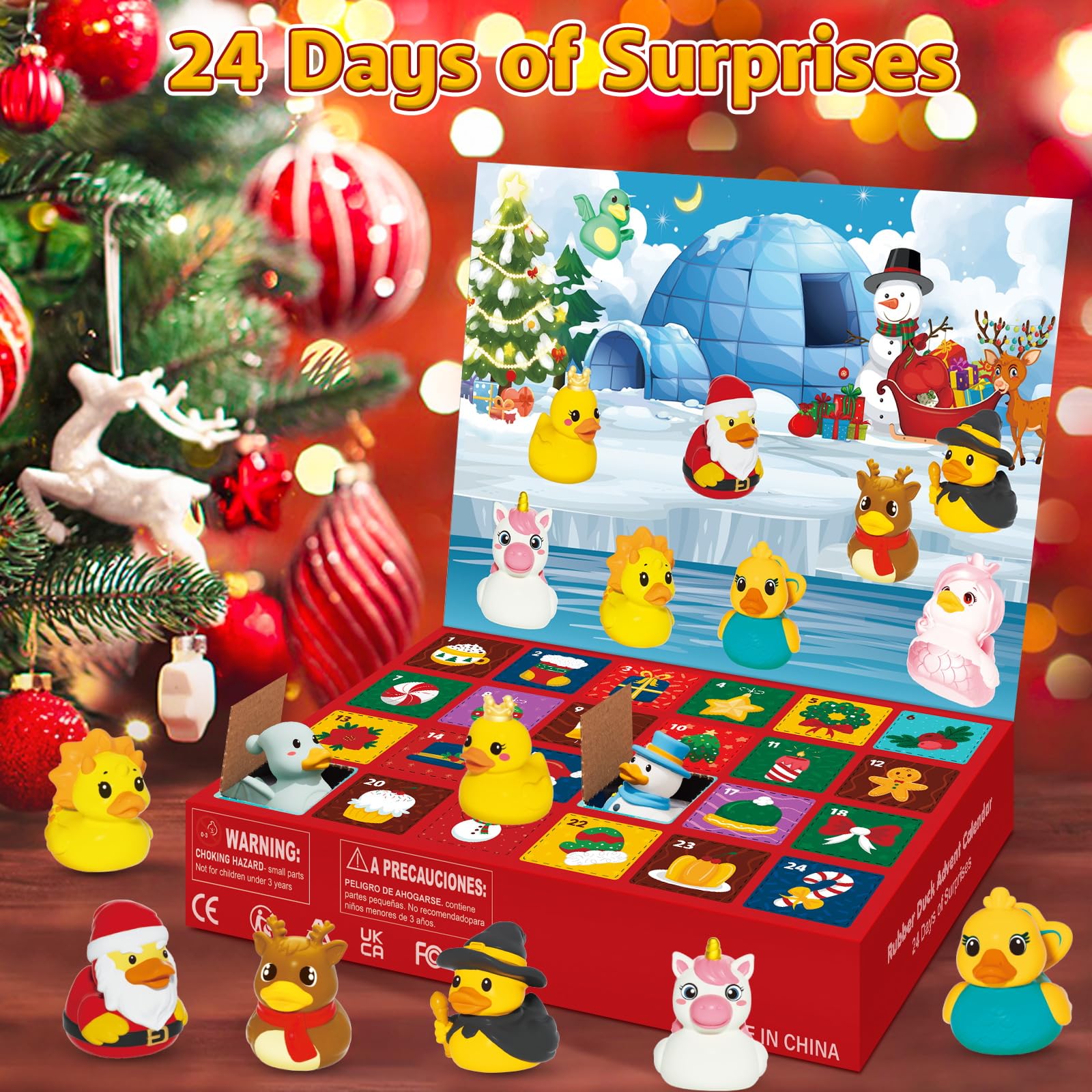 Gift box packaging with 24 doors featuring rubber ducks
