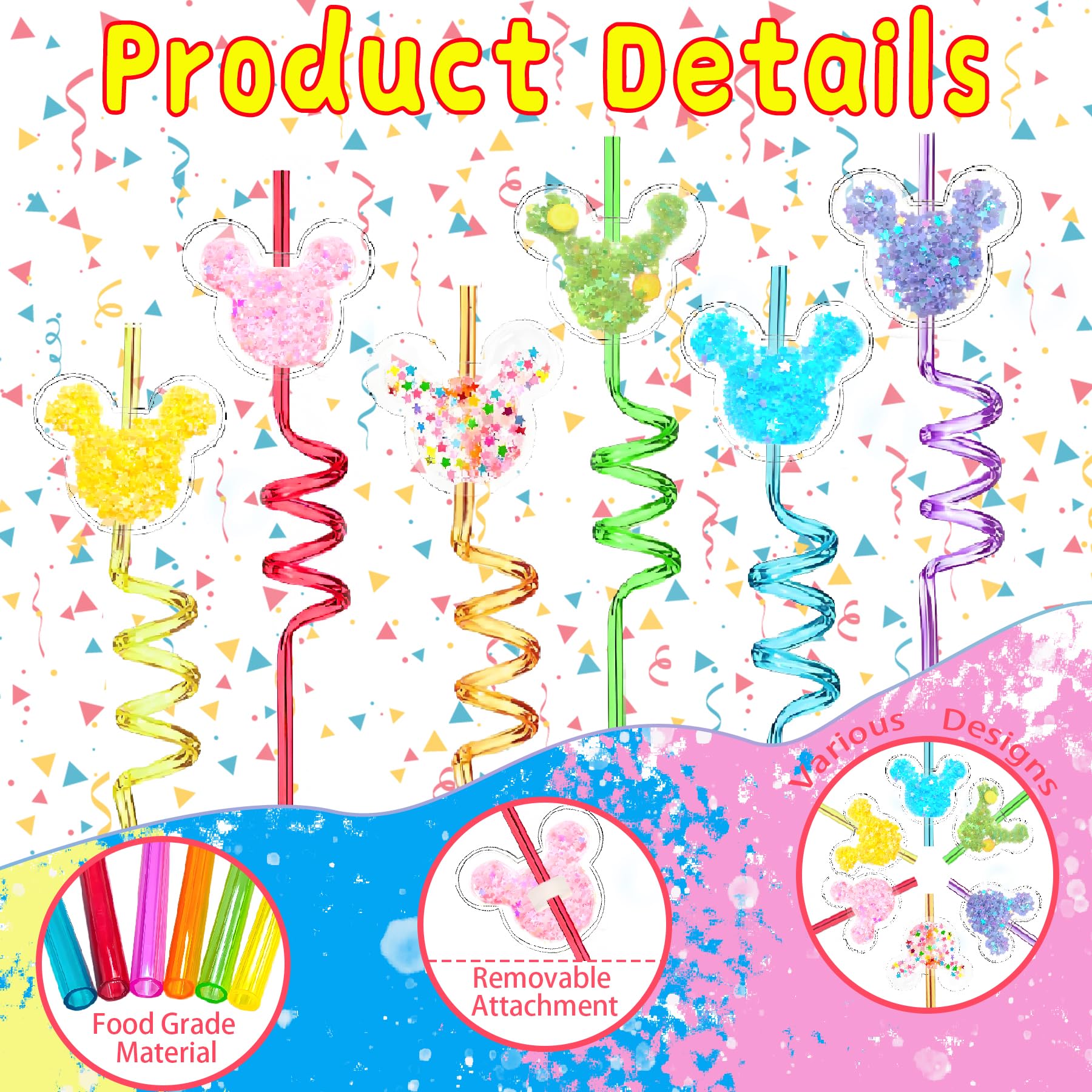 24 glitter mouse ear straws in six colors with charms
