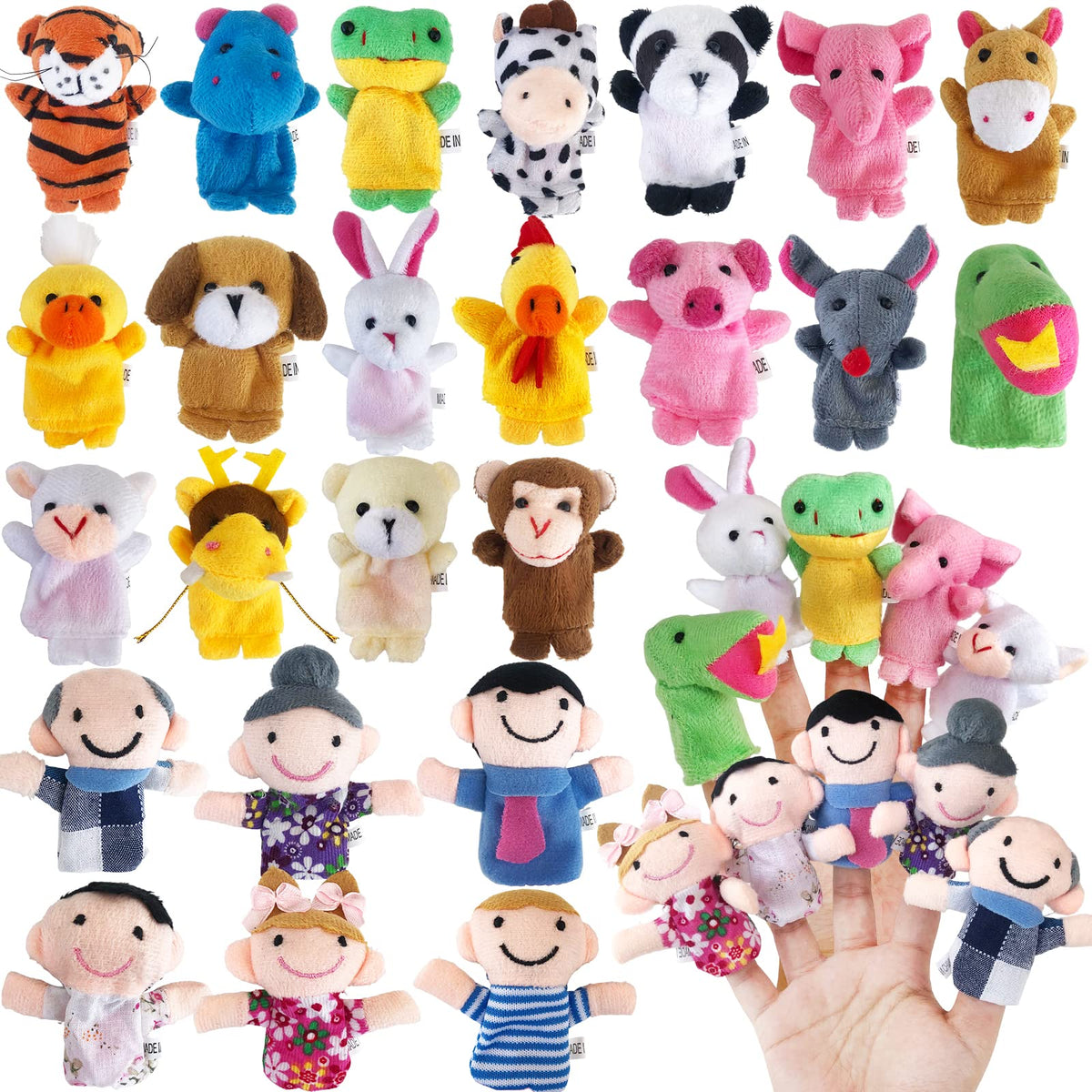24 Pcs Finger Puppets Set includes animal and human puppets for kids