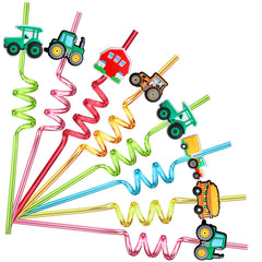 24 Tractor Party straws in assorted curved designs