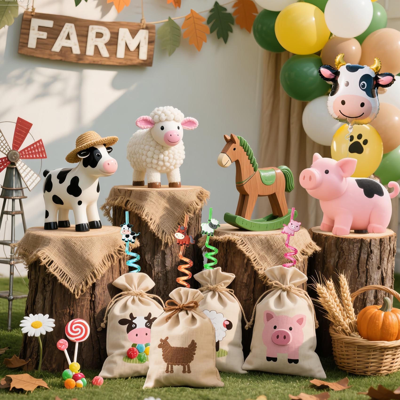 Colorful farm animal toppers on loop straws AFZMON