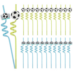 24Pcs soccer themed curly straws with 3D soccer ball decorations