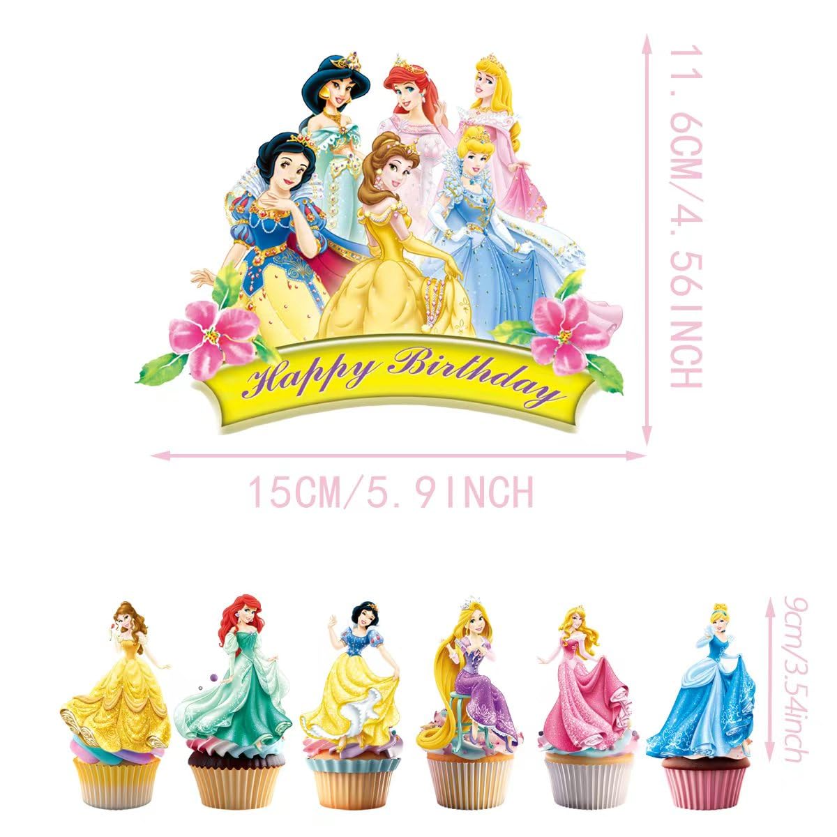 Cartoon themed birthday party supplies for main cake and cupcakes
