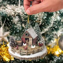2D flat acrylic ornament featuring rustic chicken coop scene