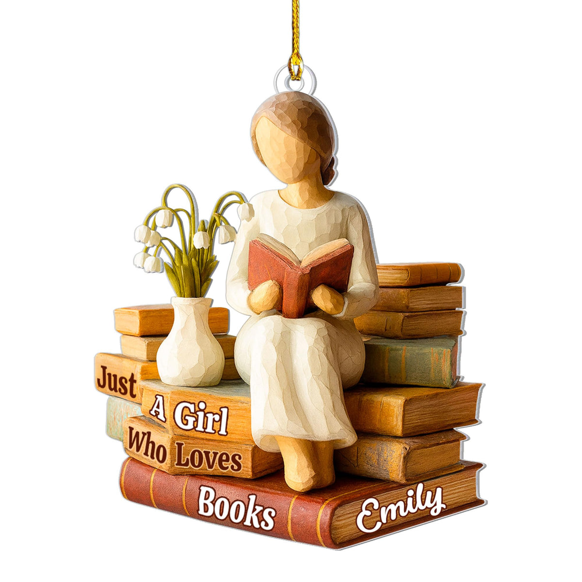 2D flat faux wood ornament depicting a girl reading on books