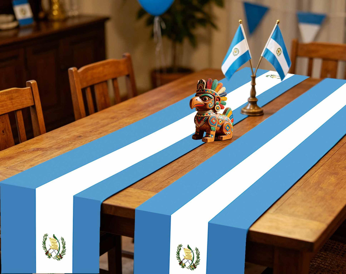 Two Guatemala flag themed table runners set for festive decor