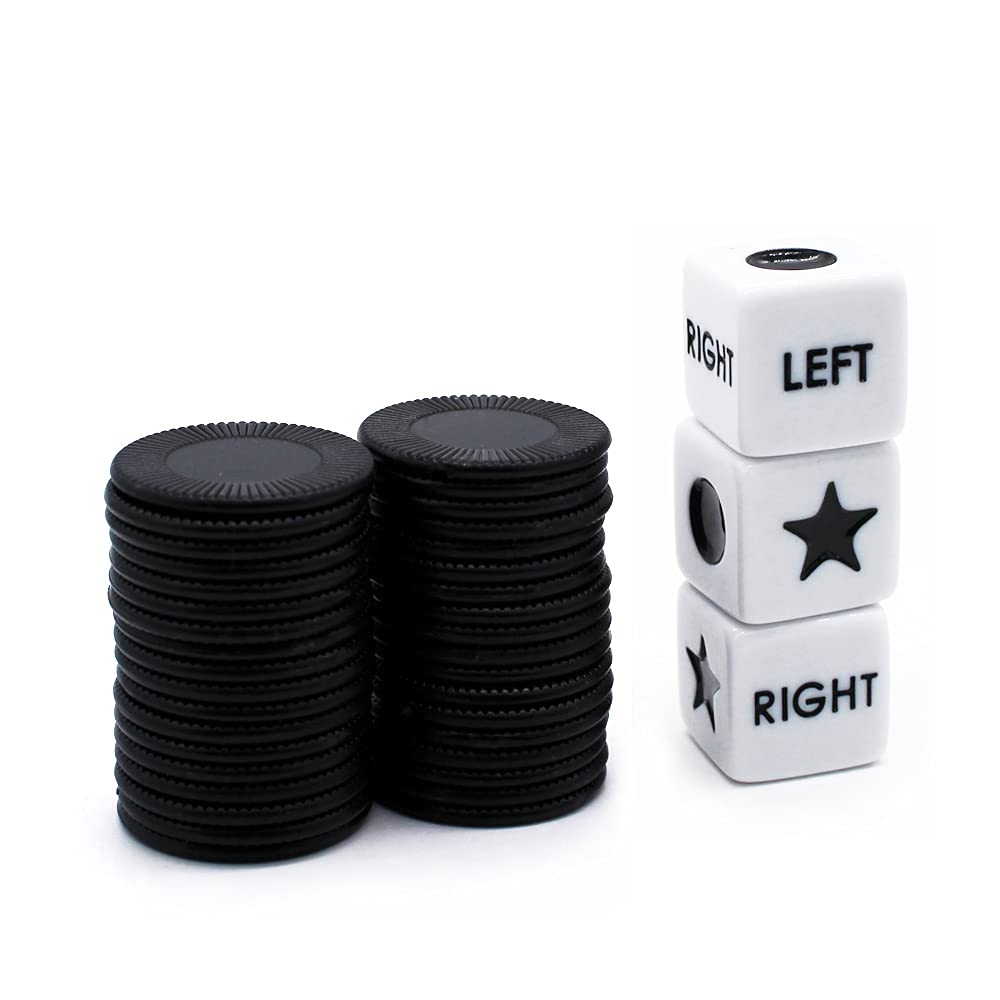 Includes 3 Dices and 36 Black Chips for Left Right Dice Game