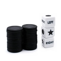 Includes 3 Dices and 36 Black Chips for Left Right Dice Game