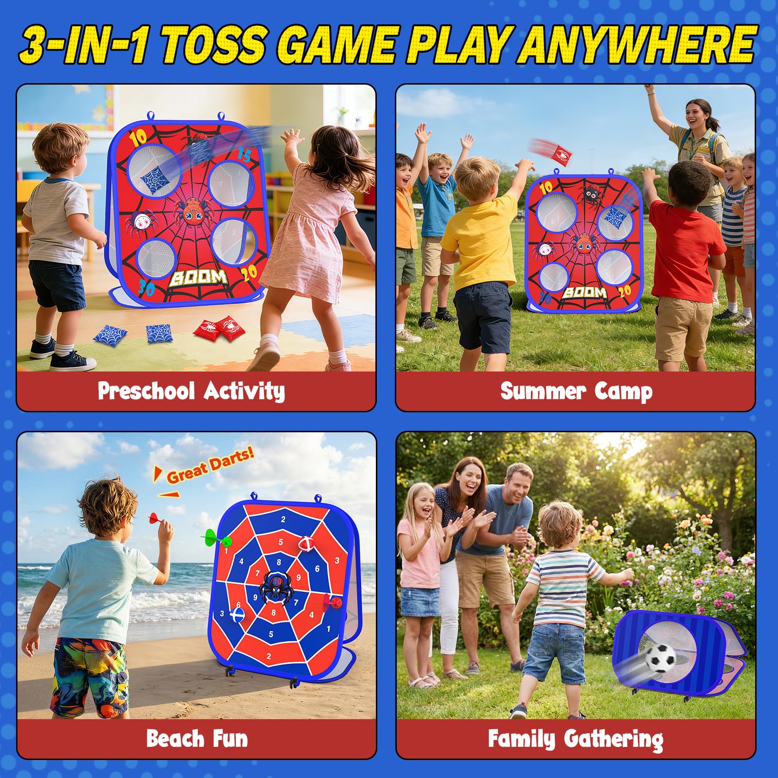Reinforced corners and rounded edges on spider bean bag toss set