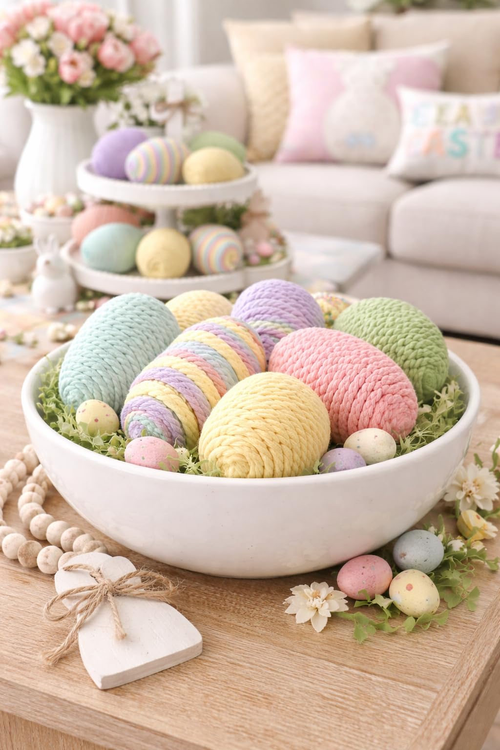 3-inch pastel Easter eggs with rope wrapping