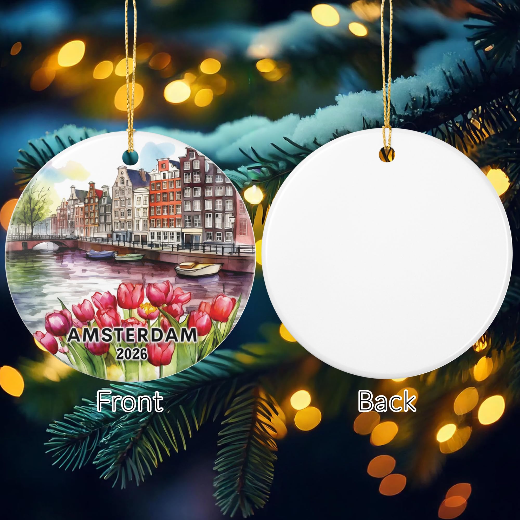 3-inch diameter round ceramic ornament with gold hanging cord